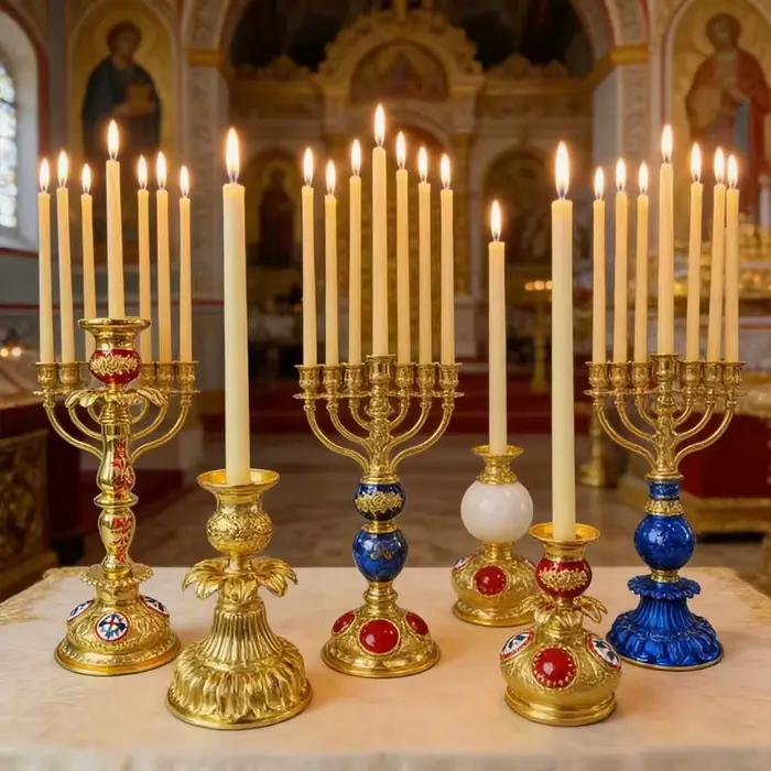 Ensemble de chandeliers d'église orthodoxes orientaux plaqués or avec accents en émail rouge et bleu pour la liturgie chrétienne et la décoration d'autel domestique