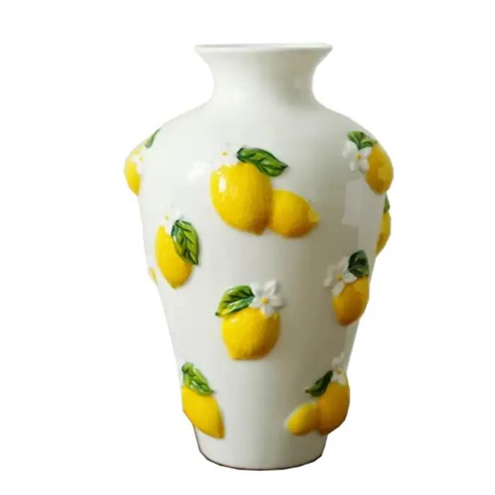 Vase en céramique, sculpture en relief de citron tridimensionnelle, vase à fleurs, accessoires pour arrangements floraux, artisanat en céramique, vases