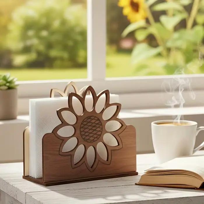 Porte-serviettes en bois au design sophistiqué en forme de tournesol