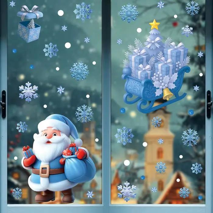 Autocollants de fenêtre de noël, bonhomme de neige d'hiver, père noël, flocon de neige, élan, autocollants statiques, ornements en verre, décor de joyeux noël