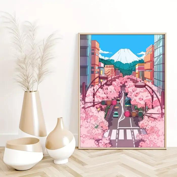 Affiche d'art mural en fleurs de cerisier japonais