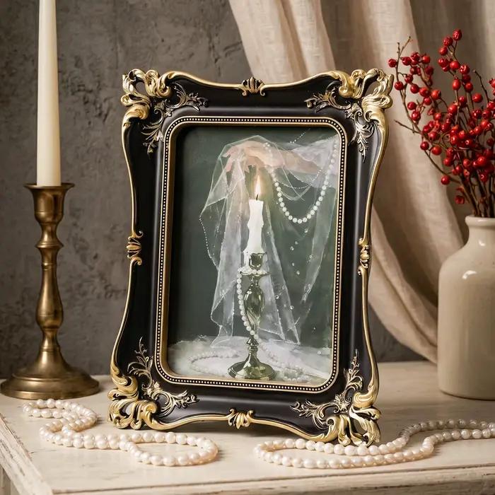 1 pièce, cadre photo en résine européenne noir et or gaufré, pièce décorative de bureau luxueuse et élégante