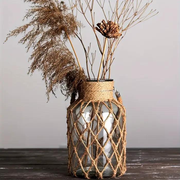 Vase en verre transparent de poche en maille tissée à la main
