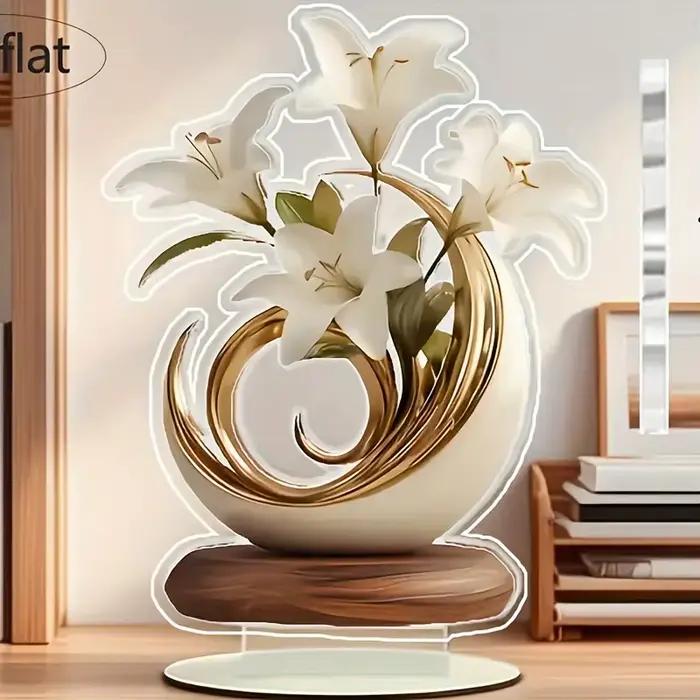 1 Élégant vase en cristal avec lys blancs et décorations dorées - Décoration plate 2D pour salon, bureau | Parfait pour la décoration de la maison