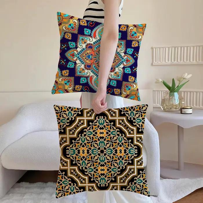 Housse de coussin décorative ethnique bohème en lin