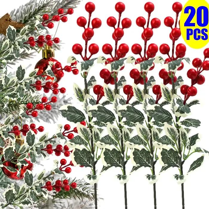 Branche de Baies Rouges Artificielles avec Feuilles de Houx