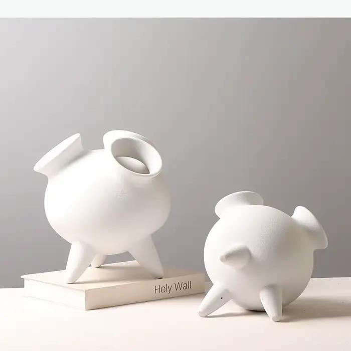 Vase en céramique géométrique blanc, pot de fleurs de dessin animé, accessoires pour arrangements floraux à trois pieds, artisanat blanc givré