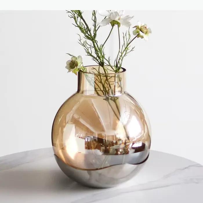 Vase en verre transparent couleur ambre, pots à fleurs, décoration de bureau, arrangement floral, vases floraux ronds, décoration esthétique de la pièce