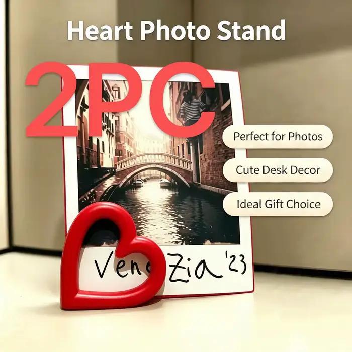 Support photo en forme de cœur, ensemble de deux pièces, cadre photo de bureau, base de présentation pour cartes postales, style INS, décoration de bureau mignonne en forme de cœur, ornement, cadeau p