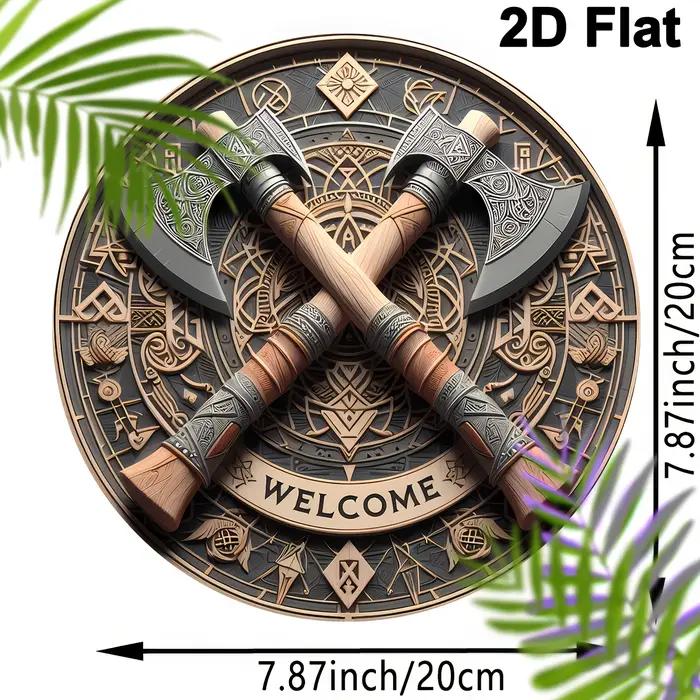 Viking Ax Welcome - Décoration murale ronde en bois de 8 pouces x 8