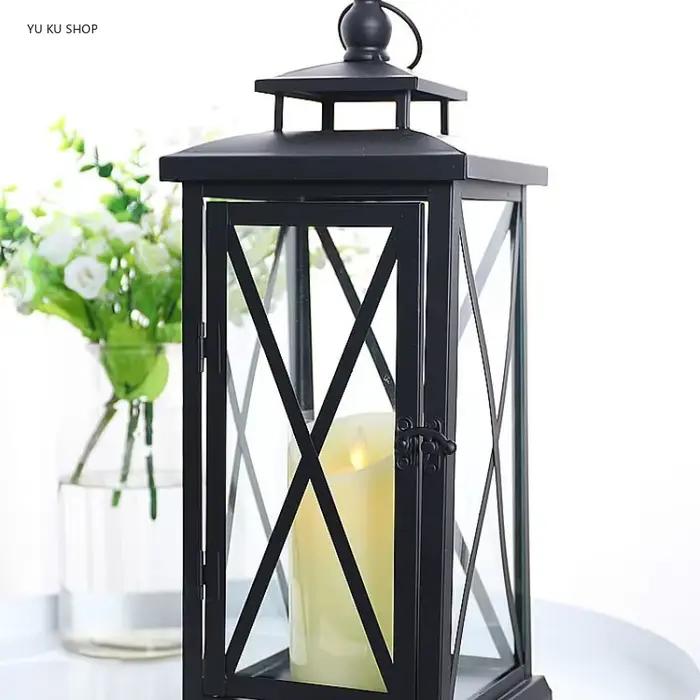 Lanterne coupe-vent en verre, porte-bougie en métal, grand modèle noir, design moderne, chandelier marocain, décoration d'intérieur