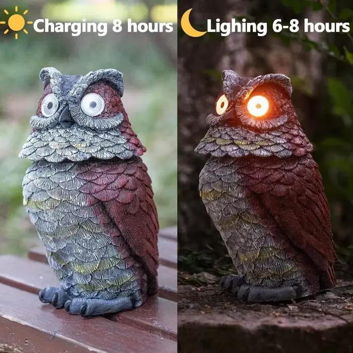 Statue de hibou solaire de jardin, Figurine d'extérieur, décor lumineux, yeux brillants, tête oscillante montée sur ressort, Sculpture en résine, décoration