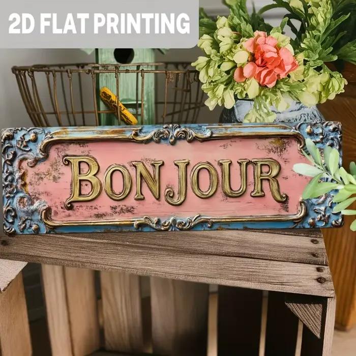Panneau français vintage en bois "Bonjour"