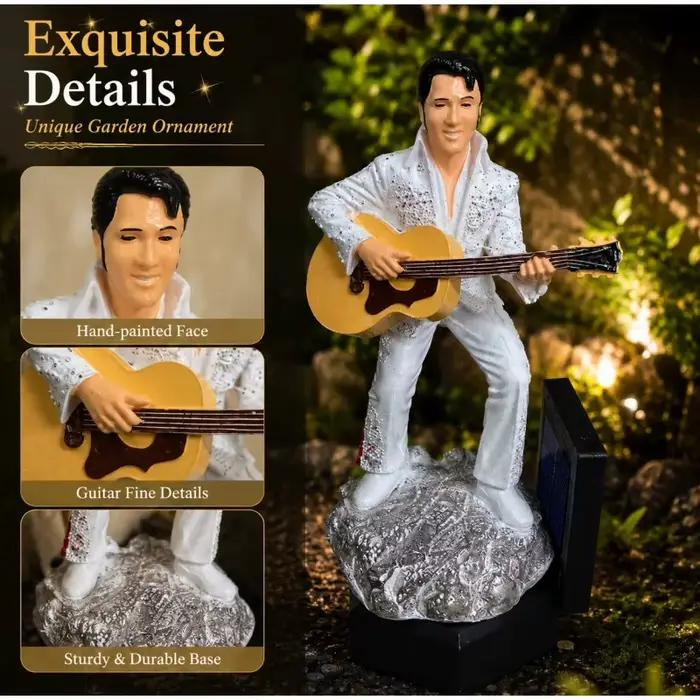 Statue de jardin solaire Elvis, statue de chanteur rock vintage, lumière LED chaude, imperméable, décoration de pelouse extérieure, ornement de cour, cadeau