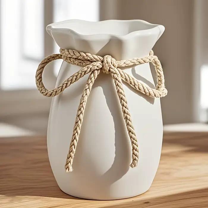 Vase en plastique blanc 1 pièce avec décoration d'arc en corde de chanvre