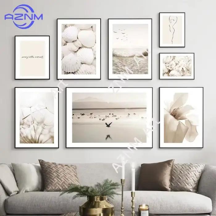 Affiches murales paysagères et florales beige neutre