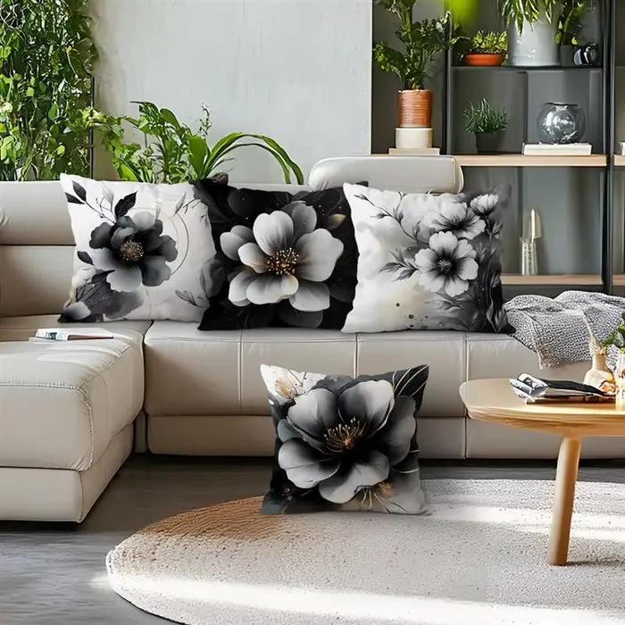 Housse de coussin à motifs floraux noir et blanc