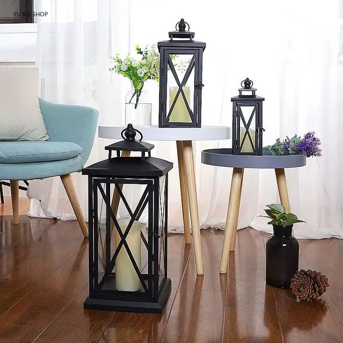 Lanterne coupe-vent en verre, porte-bougie en métal, grand modèle noir, design moderne, chandelier marocain, décoration d'intérieur