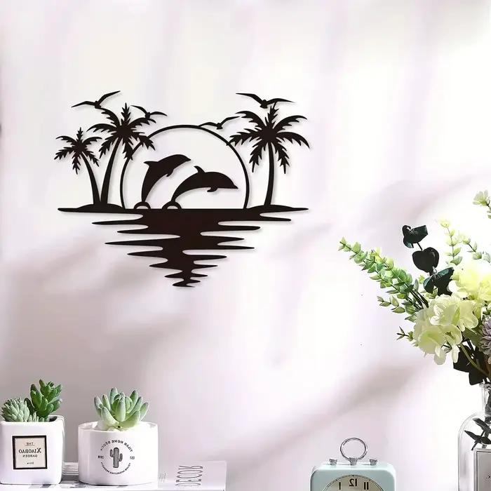 Artisanat décoratif créatif en fer forgé représentant un dauphin, une cocotier et une plage, parfait pour l'intérieur et l'extérieur, idéal pour le salon, la chambre, le couloir, autocollants muraux