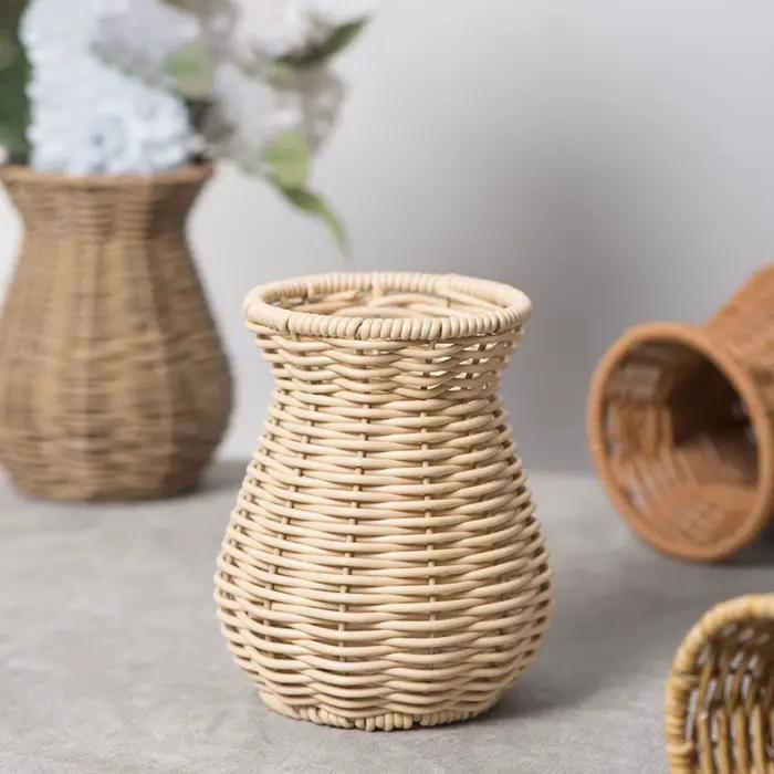 Vase à fleurs en rotin plastique tissé à la main pour fleurs séchées