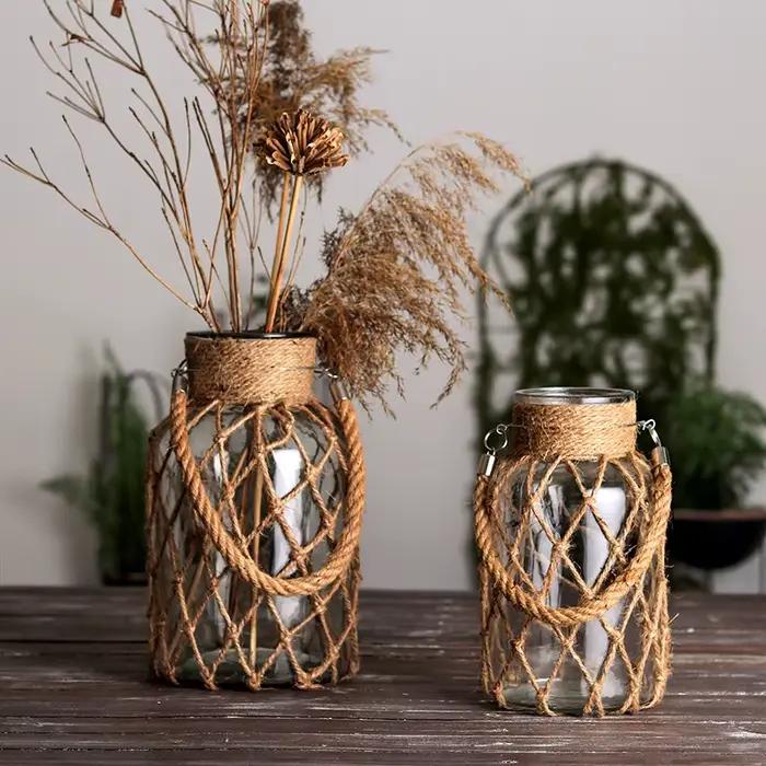 Vase en verre transparent de poche en maille tissée à la main