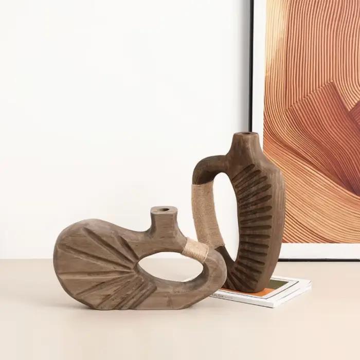 Vase en bois fait main, abstrait, ajouré, en bois naturel, accessoires pour arrangements floraux, corde de chanvre, décoration intérieure