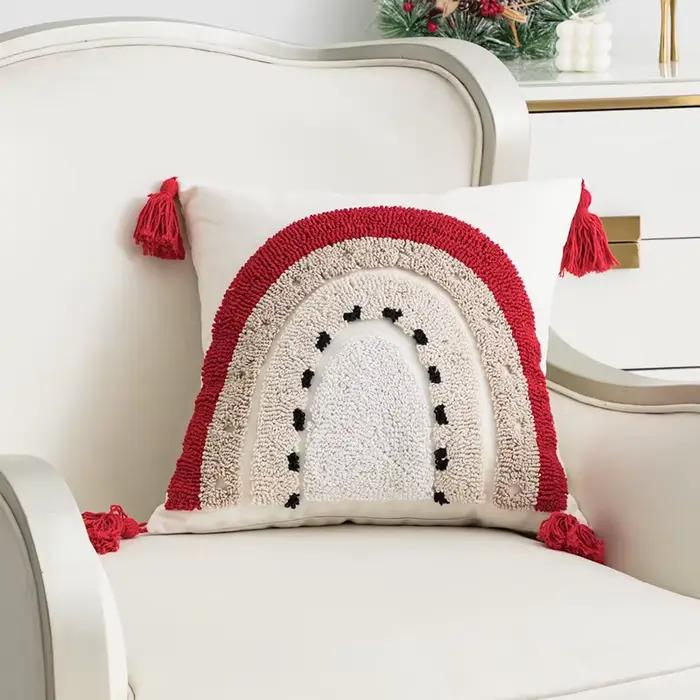 Nouvelle Housse de Coussin Brodé Joyeux Noël Rouge Géométrique Tufté – Décoration de Fête pour la Maison et le Salon