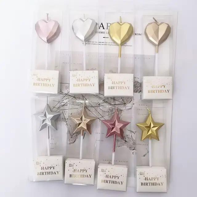 Bougie d'anniversaire en forme de diamant, cœur, étoile, créative, 3D, adorable, pour cupcakes, décoration de fête d'enfants, décoration de gâteau