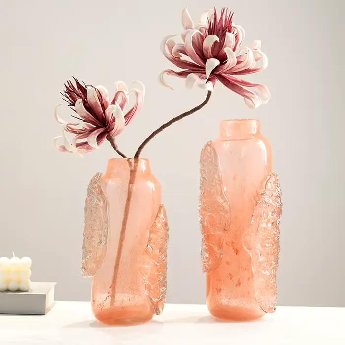 Vase en verre rose, relief abstrait irrégulier de cubes de glace transparents, vase à fleurs, terrarium, pot de fleurs, accessoires de décoration pour la maison