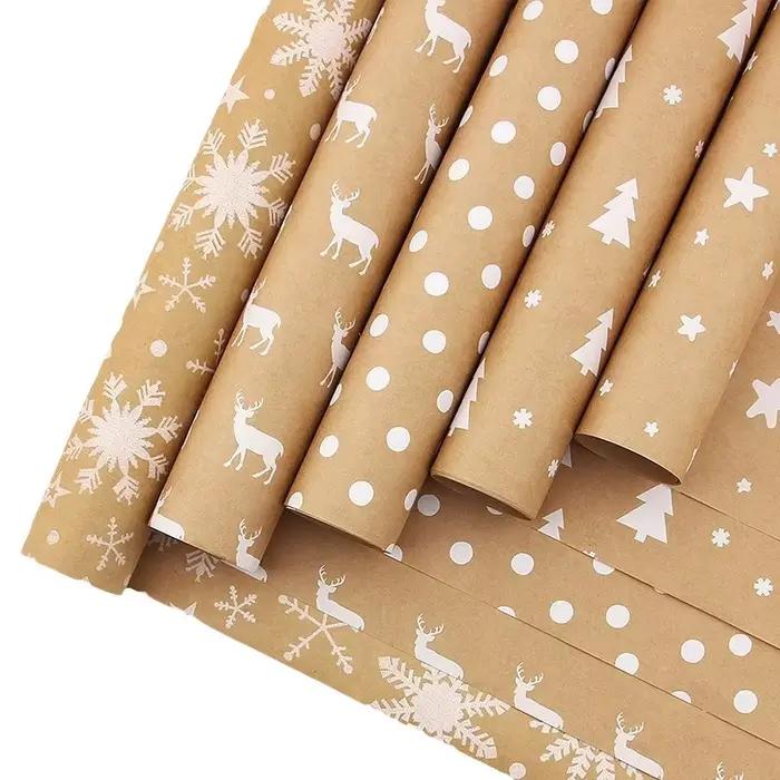 Papier d'emballage décoratif marron, rouleau de papier cadeau de noël, emballage Kraft rétro arbre de noël flocon de neige, papier d'emballage cadeau, bricolage
