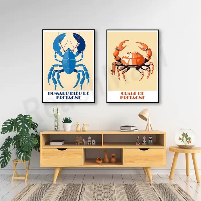 Brittany Crab, Brittany Blue Lobster affiche toile impression photo vintage milieu du siècle cuisine salle à manger décor à la maison