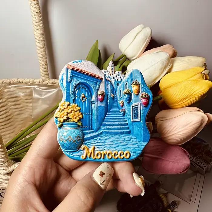 Maroc, Shefshavan, Blue Mountain City, Stéréoscopique 3D, Souvenirs touristiques, Peinture en résine, Décoration maison, Aimant de réfrigérateur