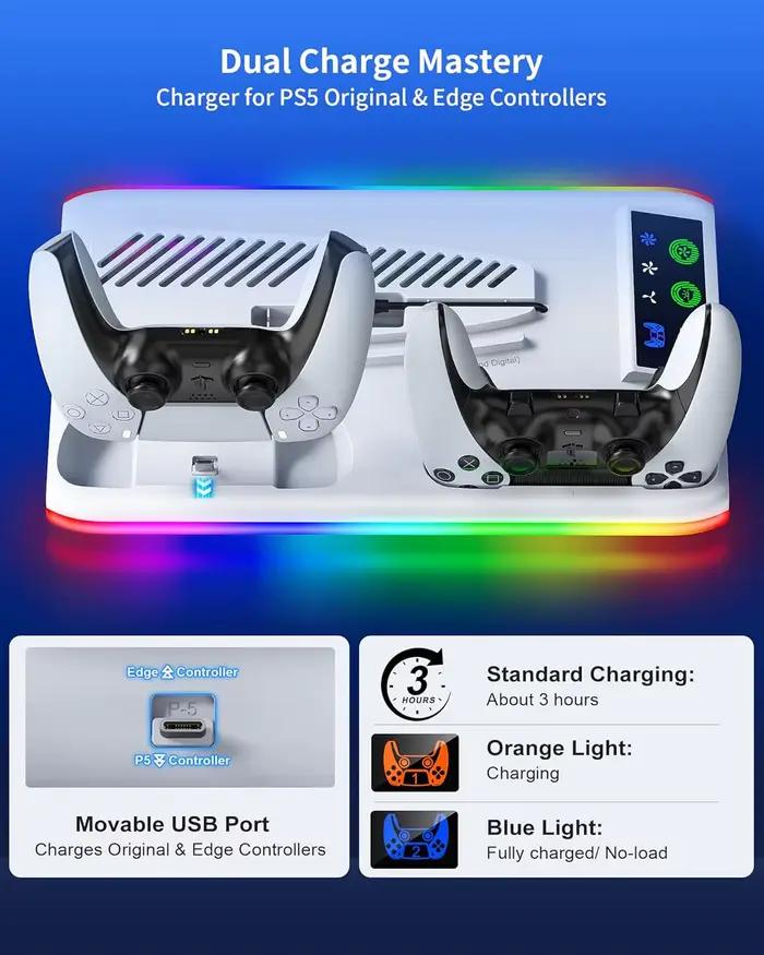 Support de refroidissement pour PS5/Slim/Pro, avec Station de charge de contrôleur LED, ventilateur de refroidissement à 3 vitesses pour accessoires de Console PlayStation 5