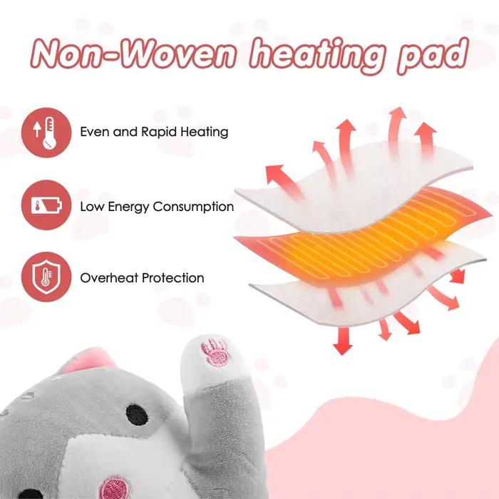 Coussin chauffant en peluche mignon en forme de chat avec recharge USB, coussin chauffant électrique pour les crampes menstruelles, coussin chauffant pour le dos