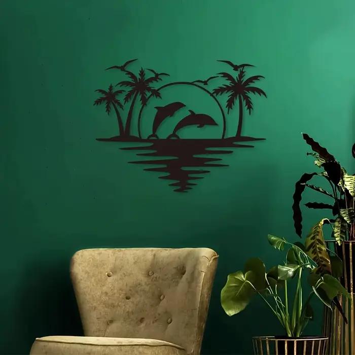 Artisanat décoratif créatif en fer forgé représentant un dauphin, une cocotier et une plage, parfait pour l'intérieur et l'extérieur, idéal pour le salon, la chambre, le couloir, autocollants muraux