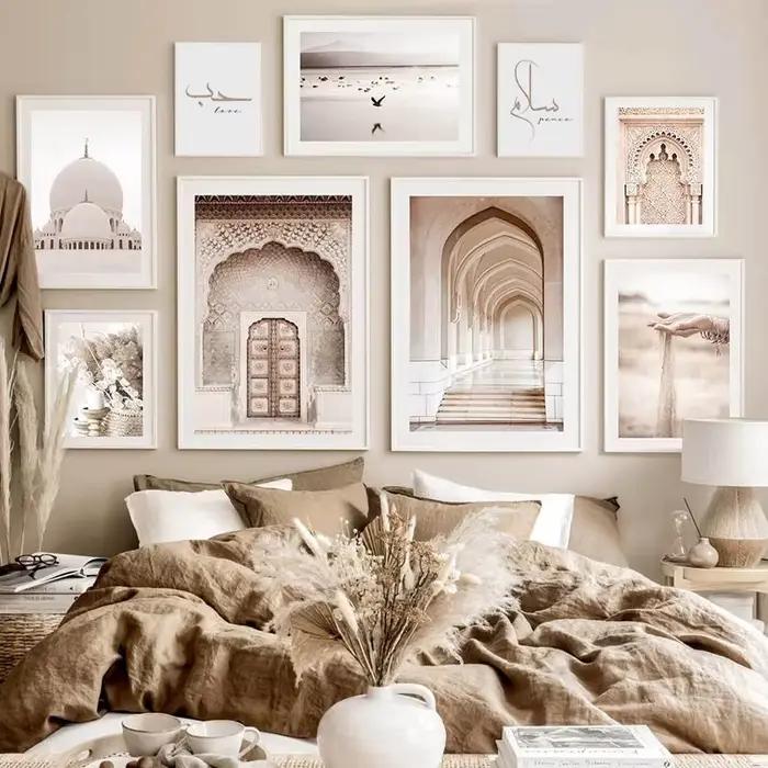 Architecture et calligraphie musulmane de Style islamique Beige, affiches murales imprimées sur toile, peinture décorative, images de salle de luxe