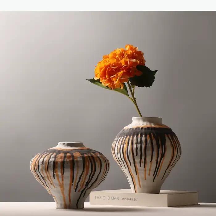 Vase en céramique à débit fluide, pot de fleurs rétro, accessoires pour arrangements floraux, artisanat en céramique, décoration intérieure