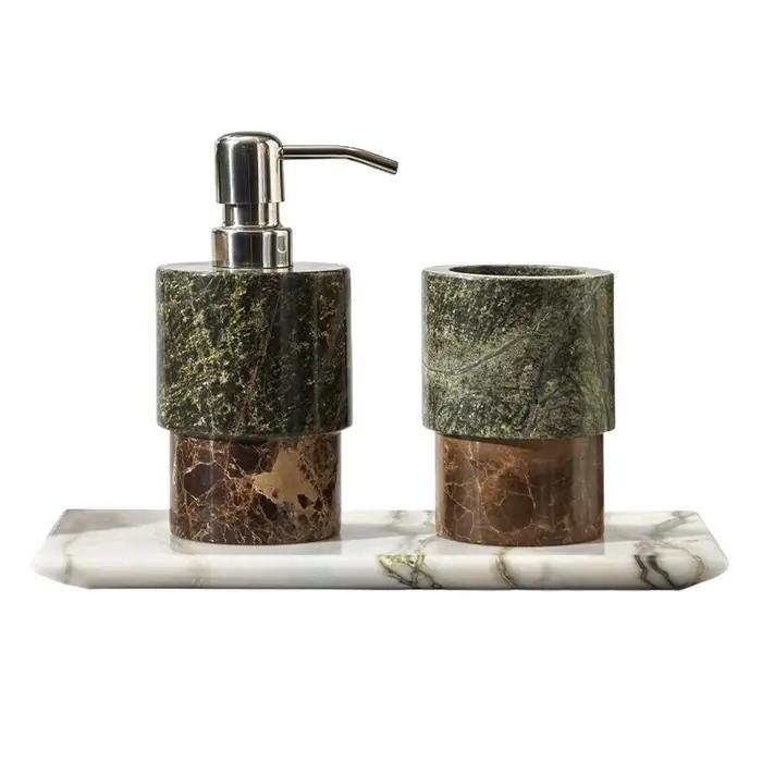 Bouteille de Lotion en marbre à blocs de couleur nordique et plateau d'aromathérapie, accessoires de salle de bains avec distributeur de savon à blocs de couleur exquis