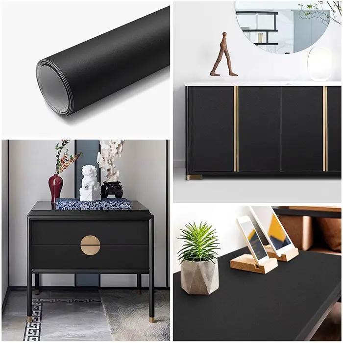 Papier peint auto-adhésif noir mat, papier adhésif décoratif en vinyle pour meubles de salon, décoration murale d'armoire de cuisine