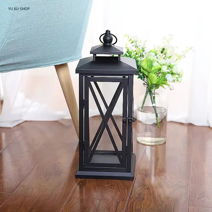 Lanterne coupe-vent en verre, porte-bougie en métal, grand modèle noir, design moderne, chandelier marocain, décoration d'intérieur