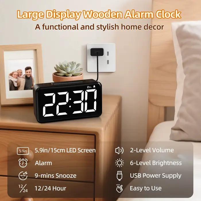 Horloge numérique LED moderne réveil en bois Snooze affichage temps électronique bureau