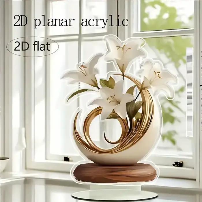 1 Élégant vase en cristal avec lys blancs et décorations dorées - Décoration plate 2D pour salon, bureau | Parfait pour la décoration de la maison