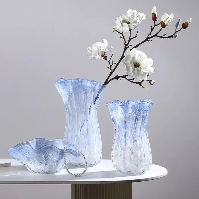 Vase en verre incurvé dégradé bleu, pot à fleurs, plateau à fruits, vases à fleurs, pot transparent, hydroponie, terrarium, décoration d'intérieur