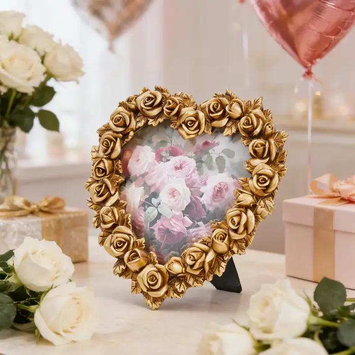 1 pièce, cadre photo décoratif en résine dorée à bordure or rose pour la Saint-Valentin