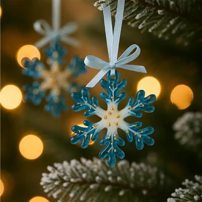 Ornements noël en résine: décor vacances bleu or, décorations noël, flocons neige renne, suspension d'arbre