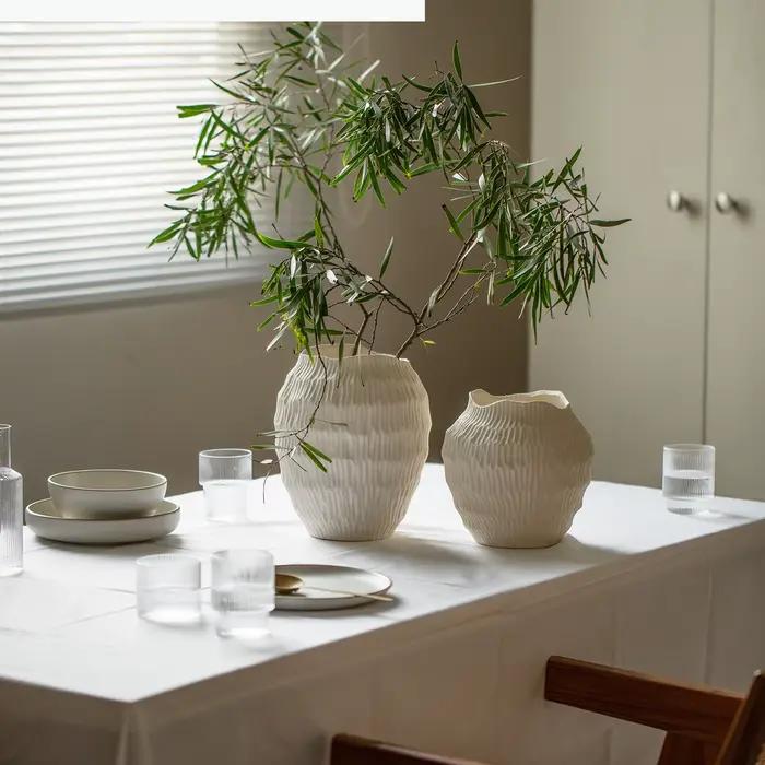 Vase en céramique blanc, pot en terre cuite rustique, pot vintage en forme de coquille, vase à fleurs géométrique fait main, accessoires de décoration pour la maison