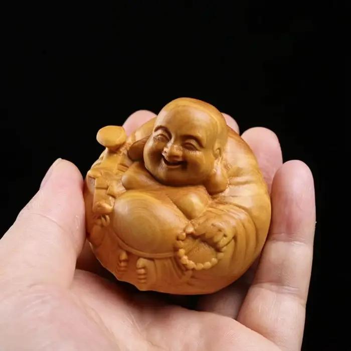 Sculpture Miniature de Bouddha Laitreya en Bois