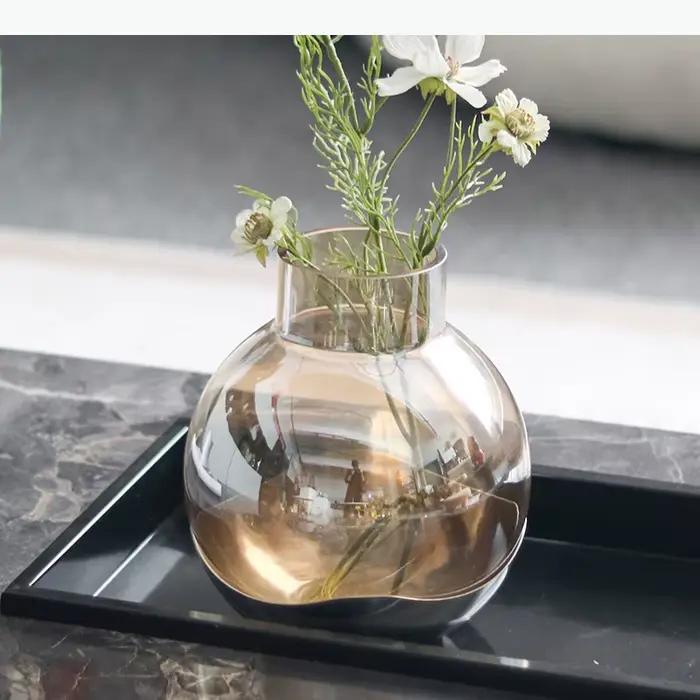 Vase en verre transparent couleur ambre, pots à fleurs, décoration de bureau, arrangement floral, vases floraux ronds, décoration esthétique de la pièce