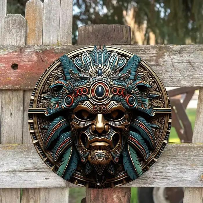Aztec Warrior Art mural rond en aluminium de 8 po – Résistant aux UV et aux rayures