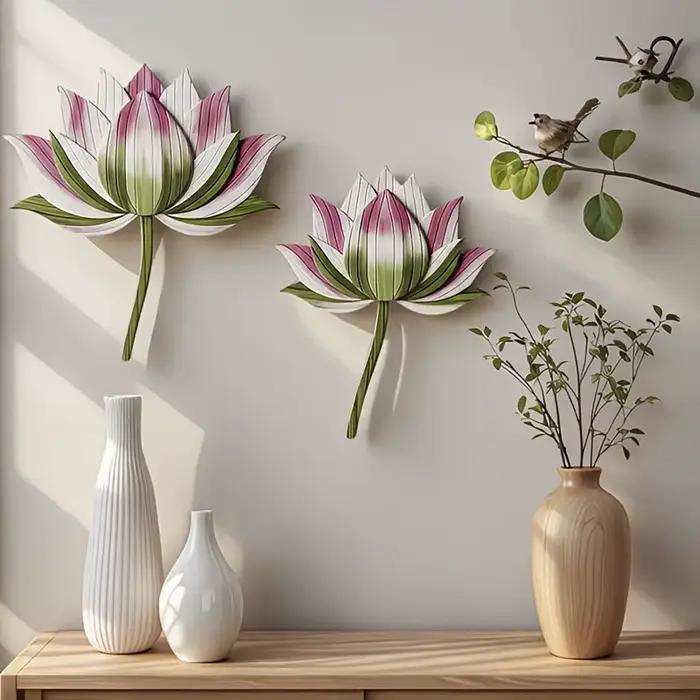 2 pièces Décoration murale en bois de fleur de lotus naturelle